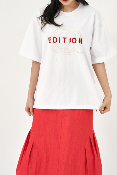 최화정 -EDITION-롤업반팔티-레드스커트브랜드-착장