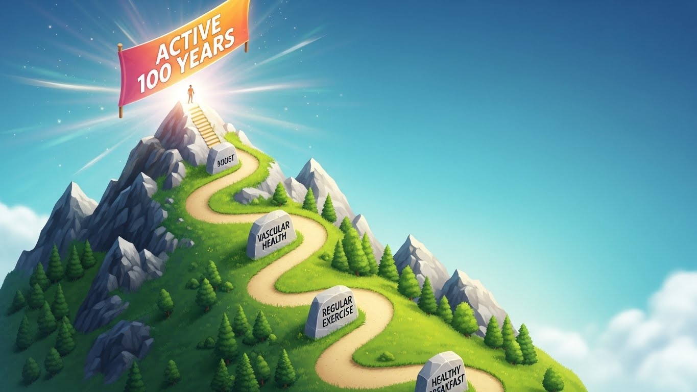 건강한 식습관을 통해 활기찬 100세 인생으로 나아가는 여정을 보여주는 로드맵 그래픽