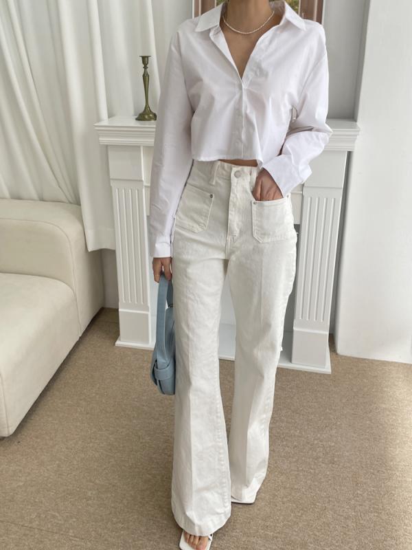 프리미엄진 하이웨스트 앞 포켓 세미 부츠컷 크림 롱 데님 팬츠