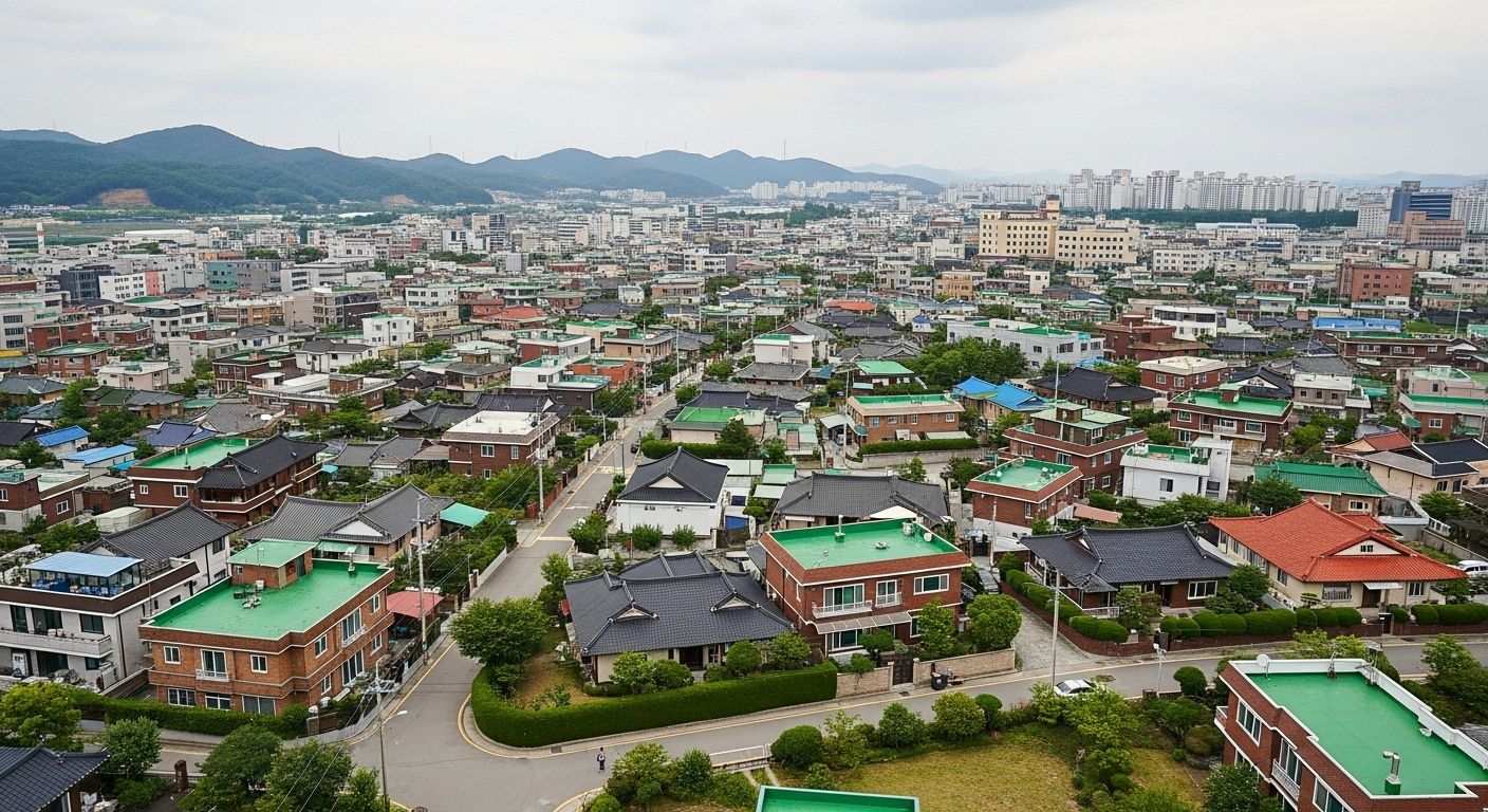 지방 소도시 단독주택이 밀집된 지역의 전경, 구름 많은 날