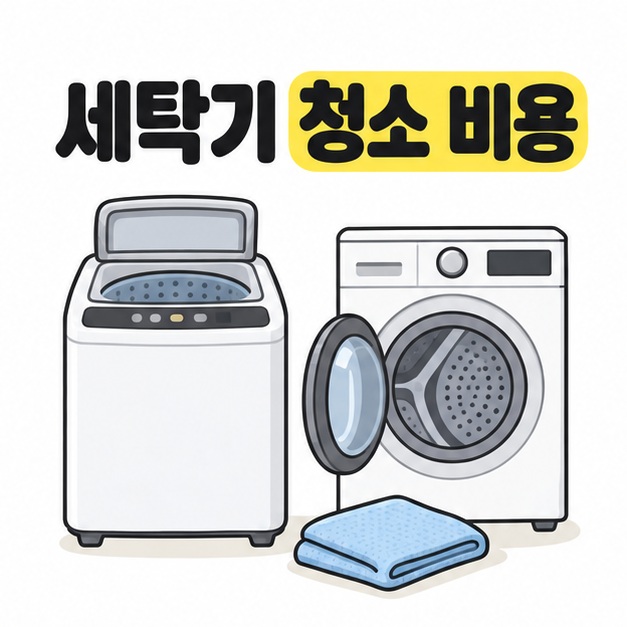 세탁기 청소 비용 제목 아래 통돌이와 문이 열린 드럼 세탁기, 파란 청소용 천을 배치한 대표 이미지