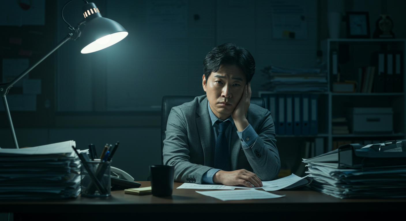 회사를 그만두고 책상에서 회상하는 모습