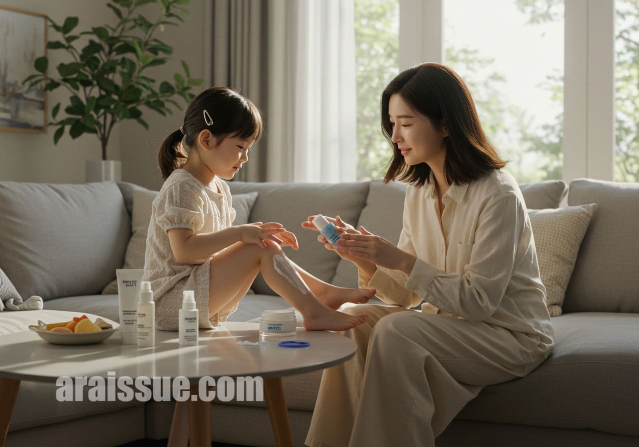 아이의 다리에 보습제를 발라주는 엄마의 일상적인 스킨케어 장면