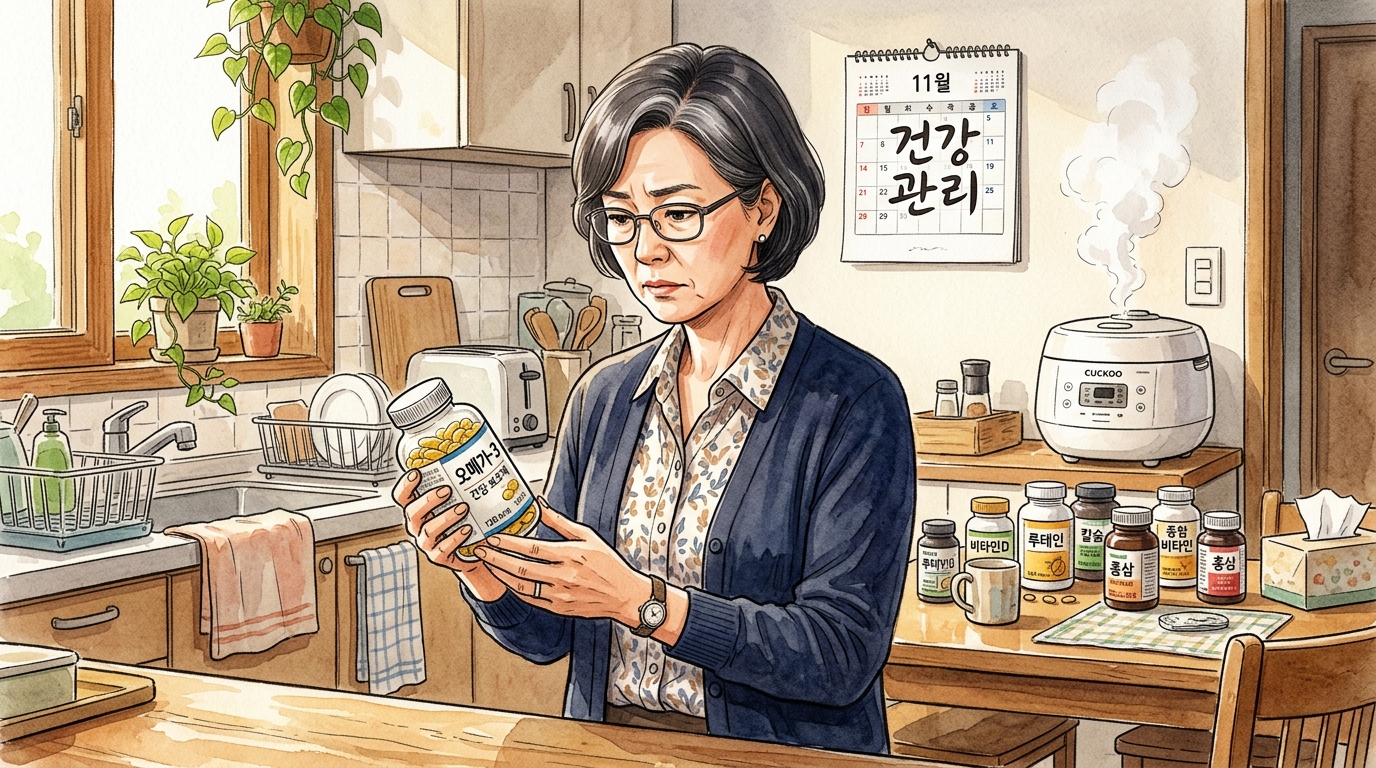 주방의 열기 속에서 변질되어 가는 오메가-3 영양제 병을 바라보며 잘못되었음을 깨닫는 모습의 여성.