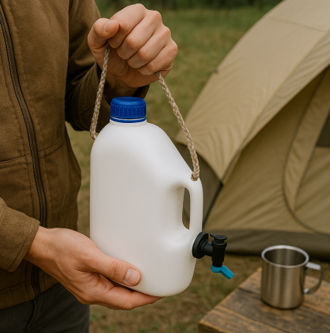 샴푸통으로 캠핑용 물통 재활용 하는 모습