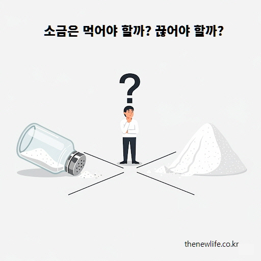 소금을 먹을지 끊을지 고민하는 사람 &ndash; 소금통과 소금더미 사이에서 방향을 고민하는 장면 일러스트