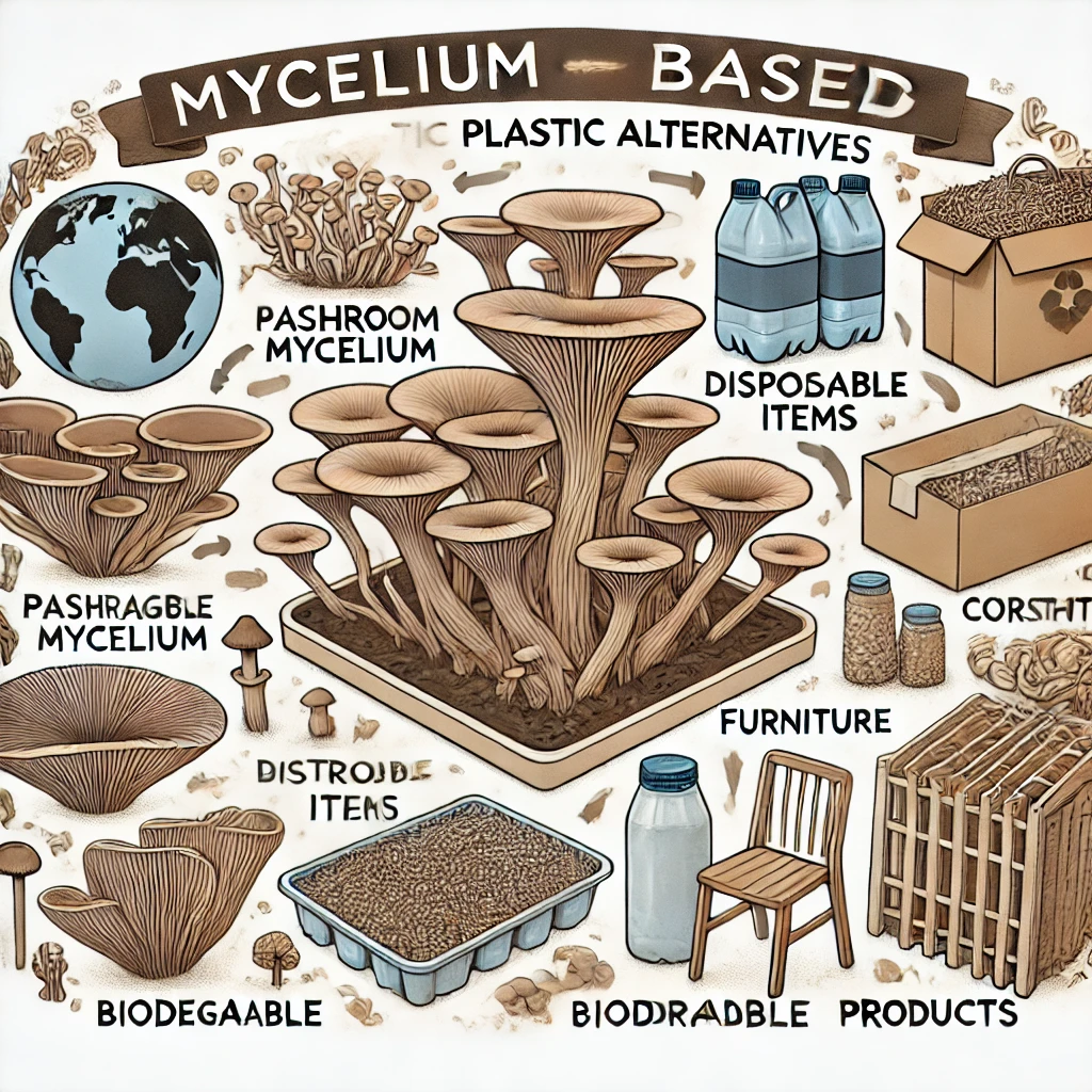 버섯이미지와 지구, 플라스틱 제품이 나열되어이써, 순환한는 의미를 가진 이미지 구성