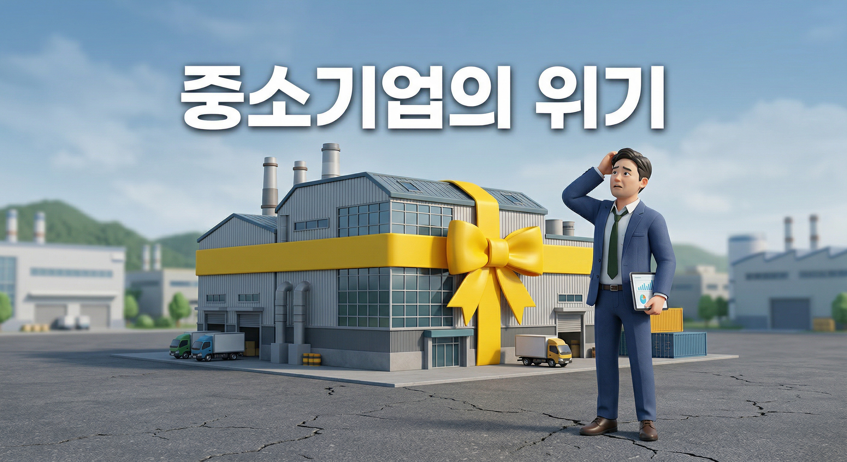거대한 노란 리본으로 묶인 공장 앞 근심에 빠진 사업가 배경에 '중소기업의 위기'라는 한글 문구가 중앙에 적힌 3D 일러스트