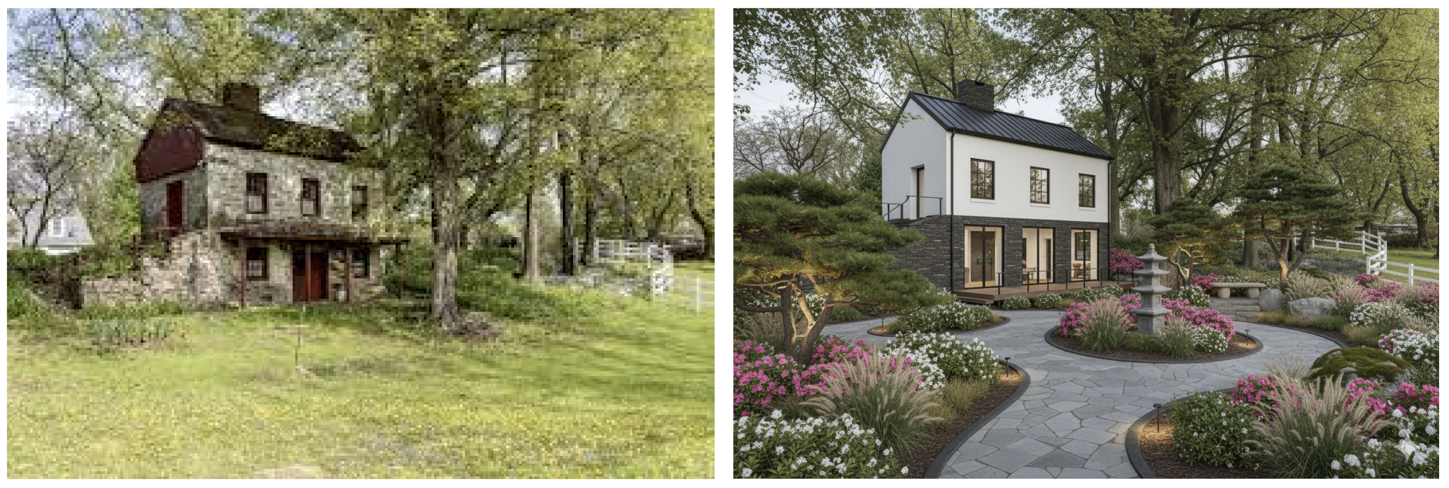 오래된 숲속 주택을 한국 정원의 조경요소를 추가하고 살짝 리모델링을 한 모습