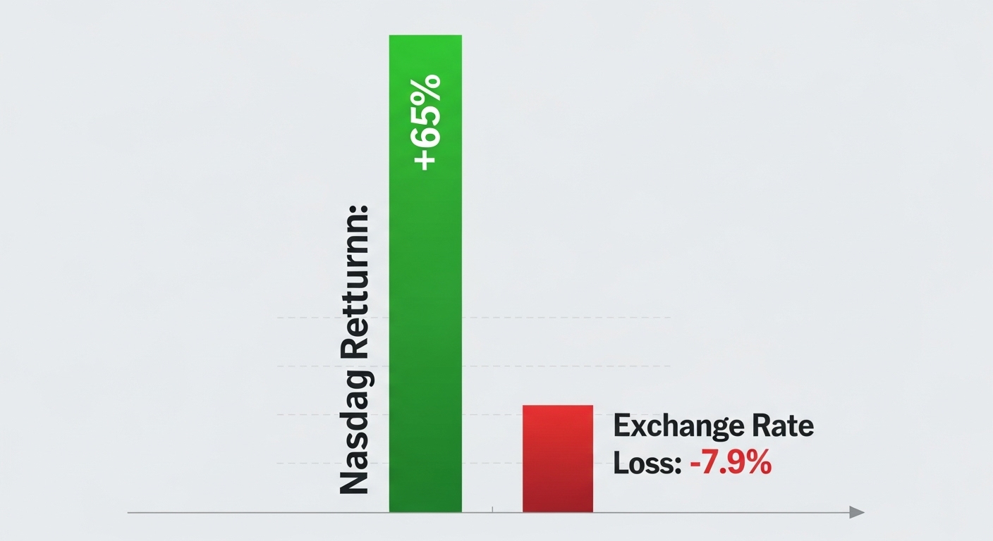 '나스닥(+65%)'의 거대한 상승 그래프와 '환율(-7.9%)'의 작은 하락 그래프를 비교하는 인포그래픽