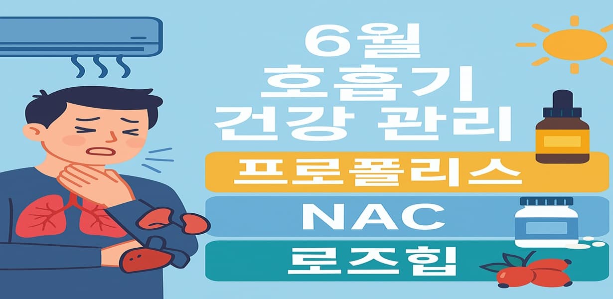 “6월 호흡기 건강 관리를 주제로 한 프로폴리스, NAC, 로즈힙 썸네일 이미지”
