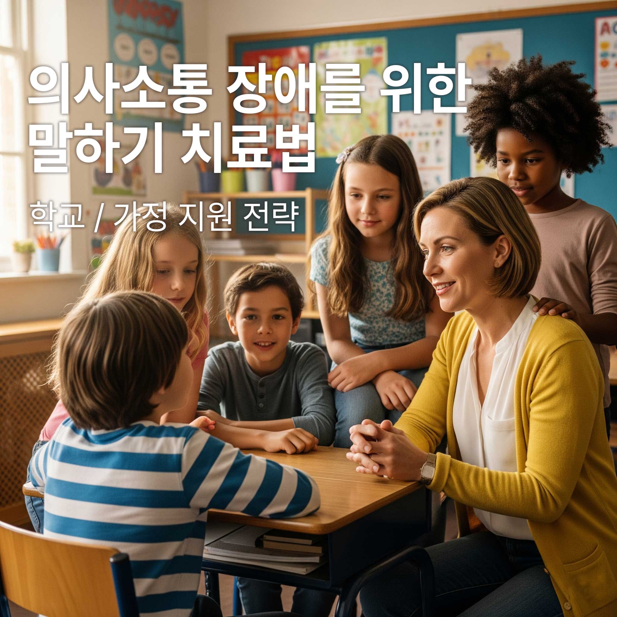 학교에서 언어장애 학생이 말하는 것을 선생님과 친구들이 경청하고 있습니다