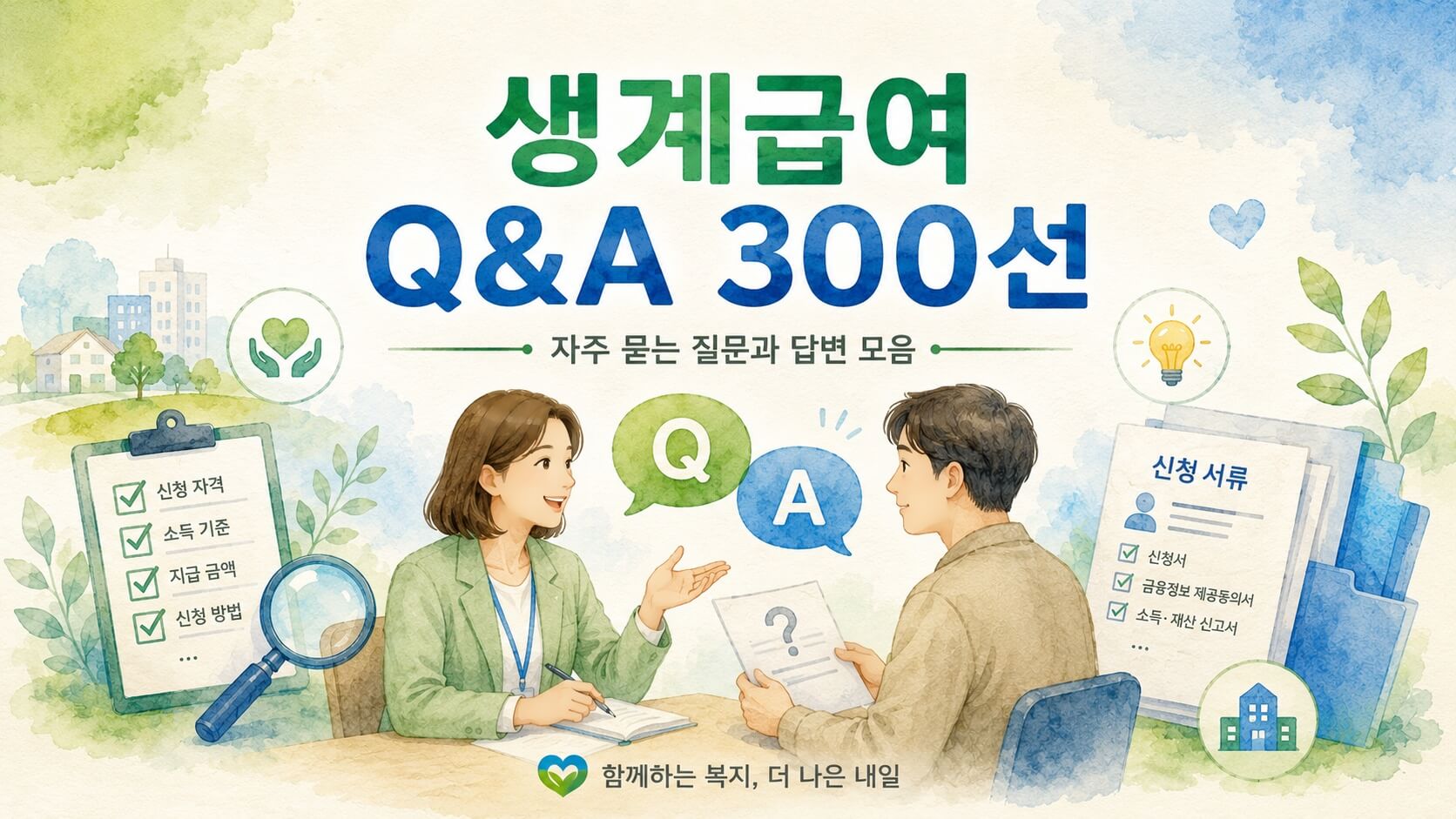 2026 생계급여 Q&amp;A 300선 - 지원대상 . 신청방법 . 신청기간 . 지급금액 . 지급일&middot;지급방법 . 준비서류 . 이의신청 . 가구원 범위 . 소득인정액 . 근로&middot;사업소득 공제 . 재산&middot;금융&middot;부채 . 자동차 재산 . 긴급생계급여 . 부정수급 . 환수 . 특수상황까지