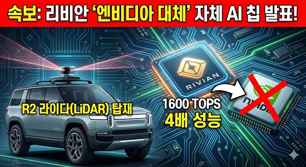리비안(Rivian)이 엔비디아를 대체할 자체 AI 칩을 발표했다는 속보 뉴스 그래픽