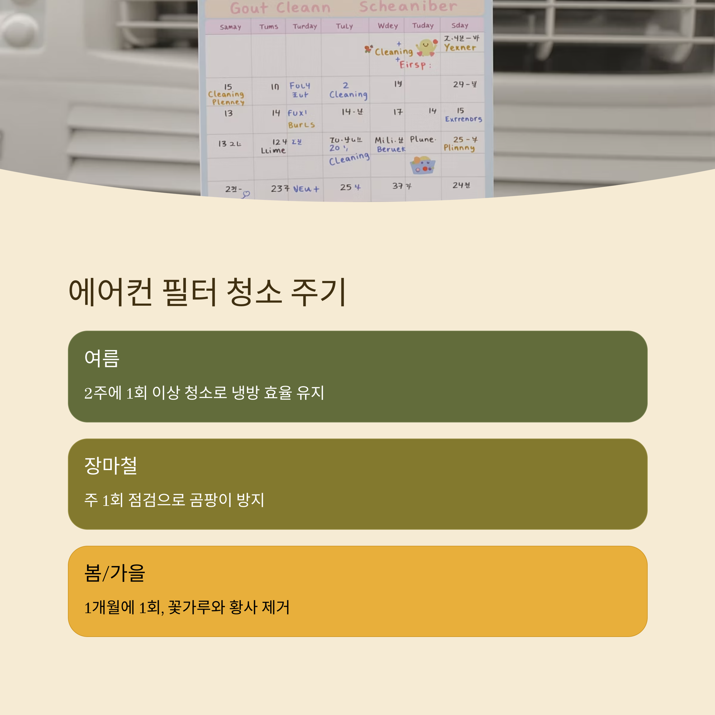 에어컨 필터 청소 주기

여름

2주에 1회 이상 청소로 냉방 효율 유지

장마철

주 1회 점검으로 곰팡이 방지

봄/가을

1개월에 1회, 꽃가루와 황사 제거