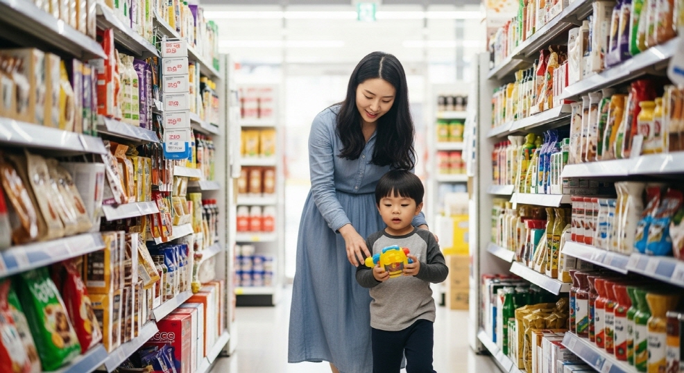마트에서 장을 보는 엄마와 아이