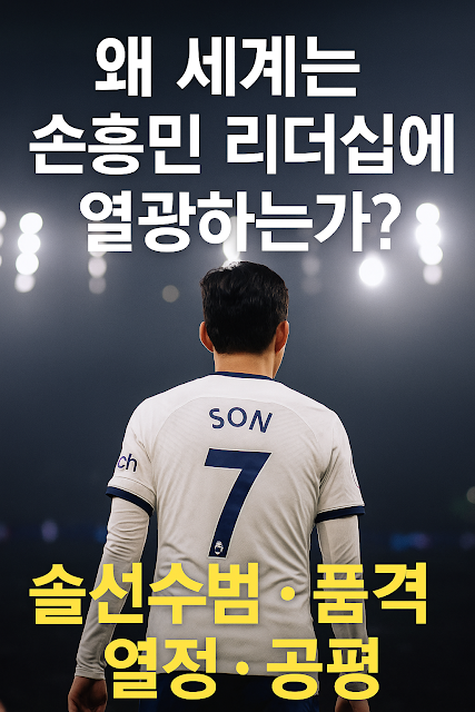 손흥민 선수의 등번호 7번 유니폼 뒷모습과 함께 리더십 키워드를 강조한 감성 이미지