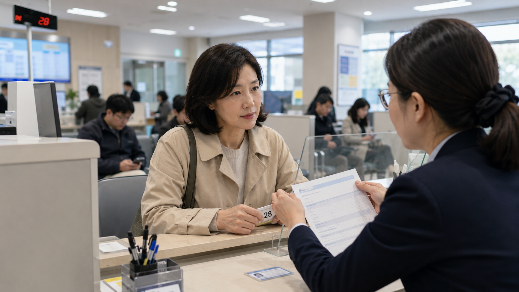 세무서 민원창구에서 국세환급금통지서 재발급 절차를 안내받는 여성