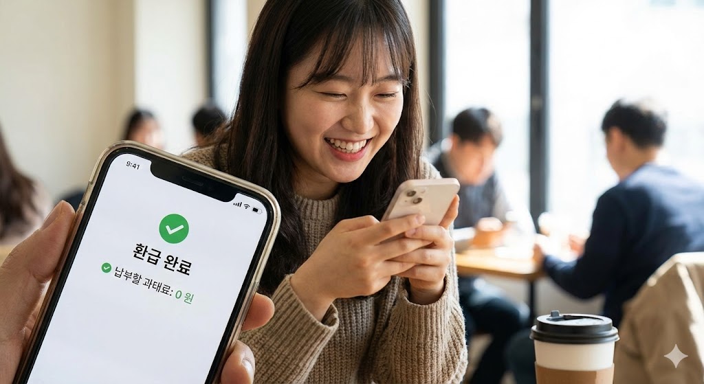 스마트폰 화면에 '위약금 0원'과 '환급 완료' 알림이 뜨고, 사용자가 만족스러운 표정으로 웃고 있는 모습