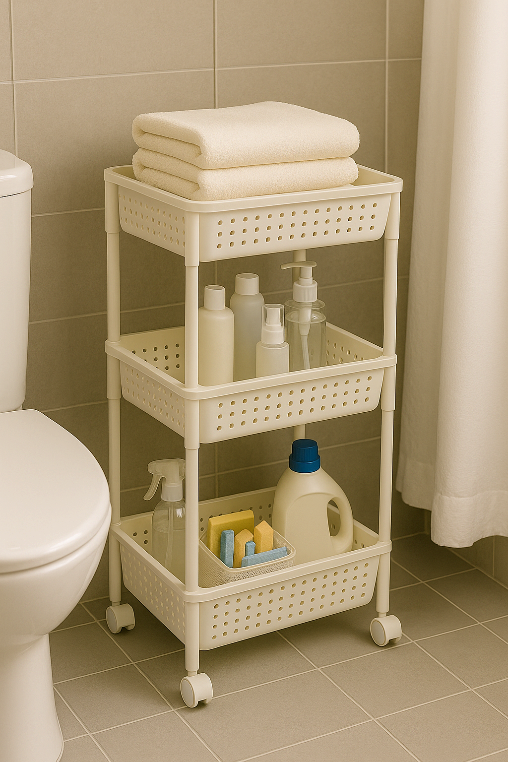 욕실에 놓인 3단 이동식 수납 카트에 정리된 용품