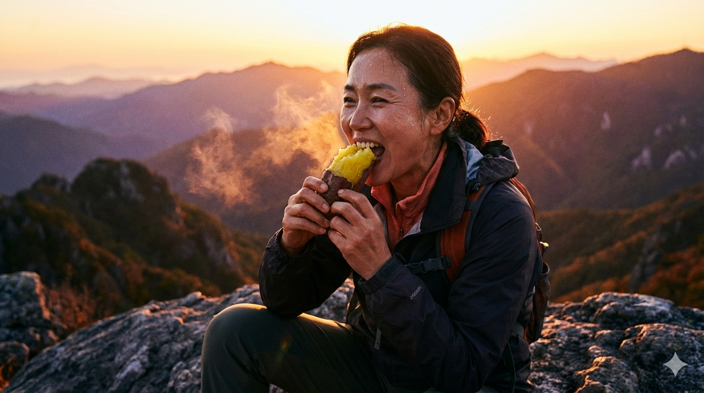 힘겹게 등반을 마친 여성이 '삶은 고구마'를 한 입 베어 물고 있습니다. 고구마의 노란 속살이 보입니다.