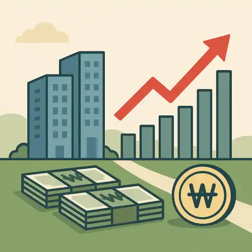 도시 건물과 성장하는 그래프, 원화 지폐와 동전이 함께 표현된 부동산 투자를 상징하는 그림