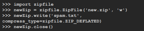 zipfile.ZipFile(‘new.zip’,‘w’)