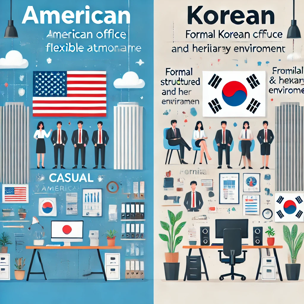 미국과 한국의 직장 문화를 비교하는 인포그래픽 스타일 이미지, 좌측은 유연한 미국 문화, 우측은 구조적인 한국 문화