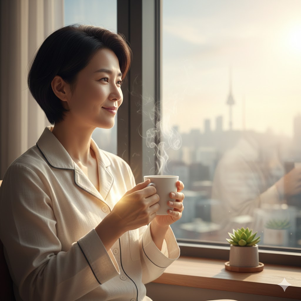 "햇살이 비치는 창가에서 평온한 표정으로 따뜻한 차를 마시며 미소 짓는 중년 여성의 모습. 15년의 수술과 시련을 극복한 내면의 단단함과 회복을 상징하는 이미지."