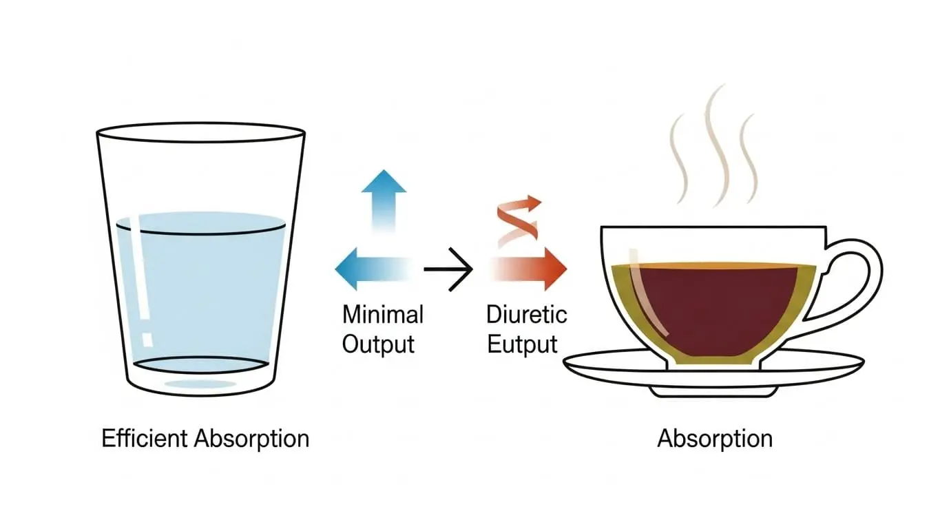 인체에 물이 흡수되고 배출되는 과정을 도식화하여 순수한 물 섭취의 효율성과 이뇨 작용의 비효율성을 설명하는 그림.