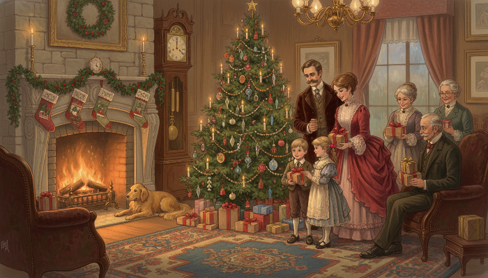19세기 빅토리아 시대의 크리스마스 거실 풍경. 촛불과 장식으로 꾸며진 크리스마스 트리 주위에 가족들이 모여 선물을 주고받으며 즐거운 시간을 보내는 모습.