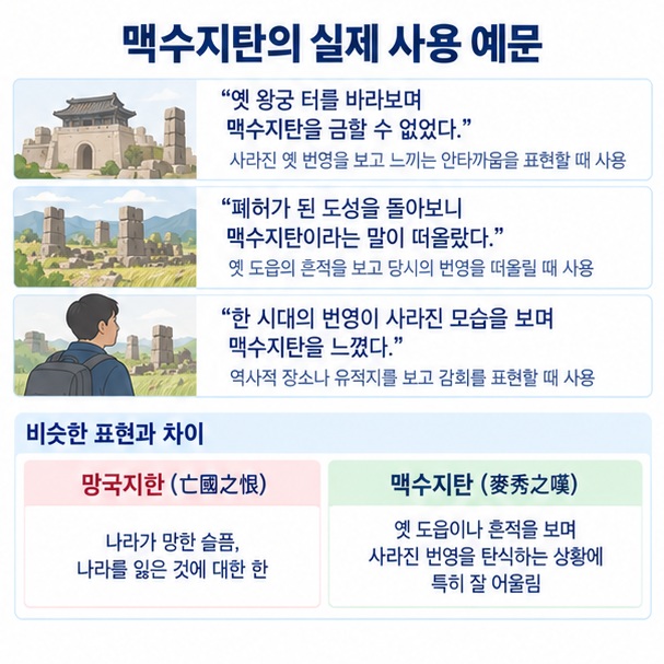 맥수지탄 예문과 망국지한의 비슷한 의미 및 역사적 몰락에 사용하는 방법을 정리한 이미지