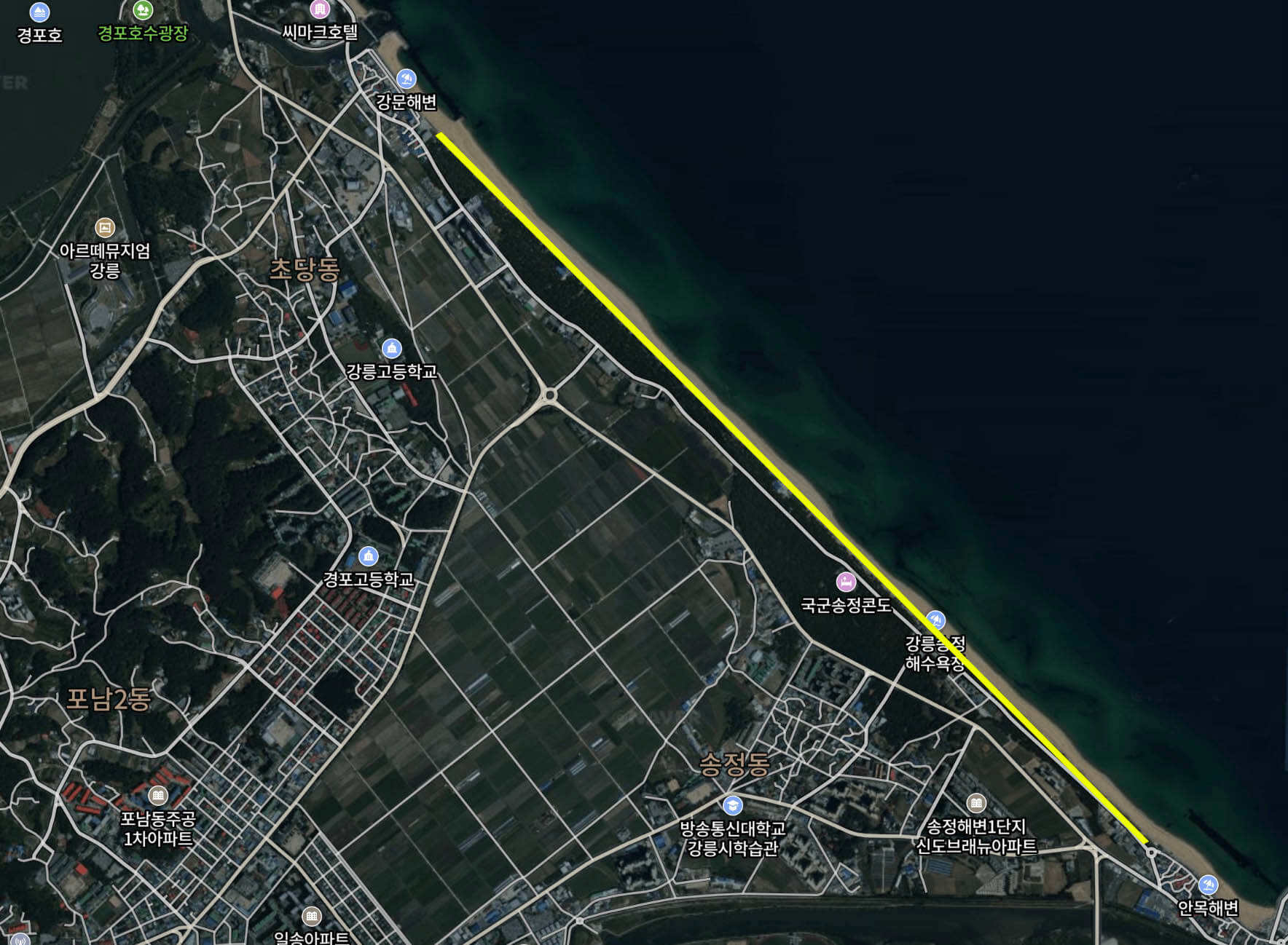 강릉 헤변 송림산책길 위성지도 사진