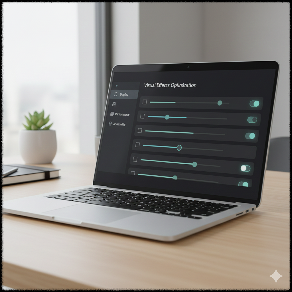 노트북에서 시각 효과 조정을 하는 모습