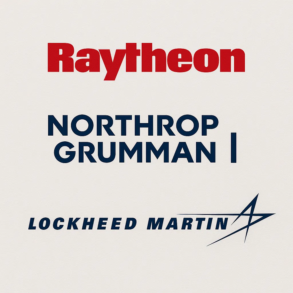 미국 방산 기업 로고가 나열된 심플한 배경 이미지