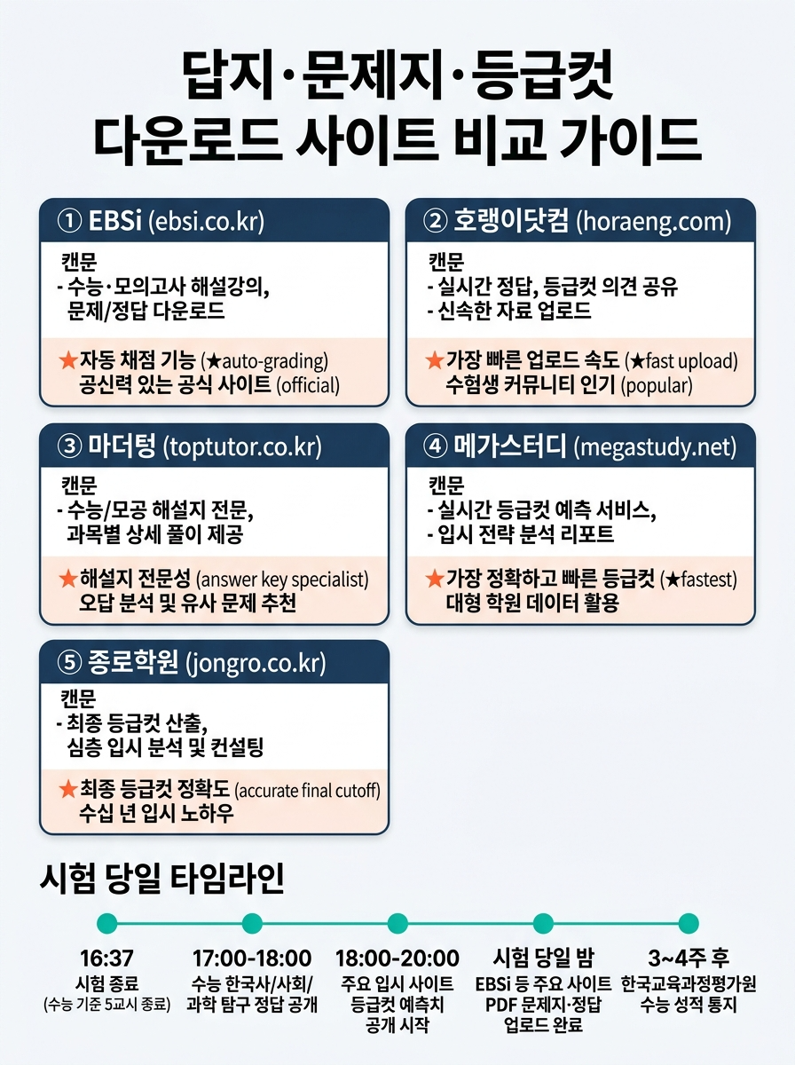 2026년 3월 모의고사 답지 문제지 등급컷 다운로드 사이트 5곳 비교 인포그래픽 — EBSi 풀서비스 자동채점, 호랭이닷컴 빠른 PDF 업로드, 마더텅 정답표, 메가스터디 실시간 등급컷과 해설강의, 종로학원 확정 등급컷 제공 내용 비교와 시험 당일 정답 속보 17시부터 등급컷 발표 18~20시 문제지 PDF 익일 완료 확정 성적표 3~4주 후 배부 타임라인 포함