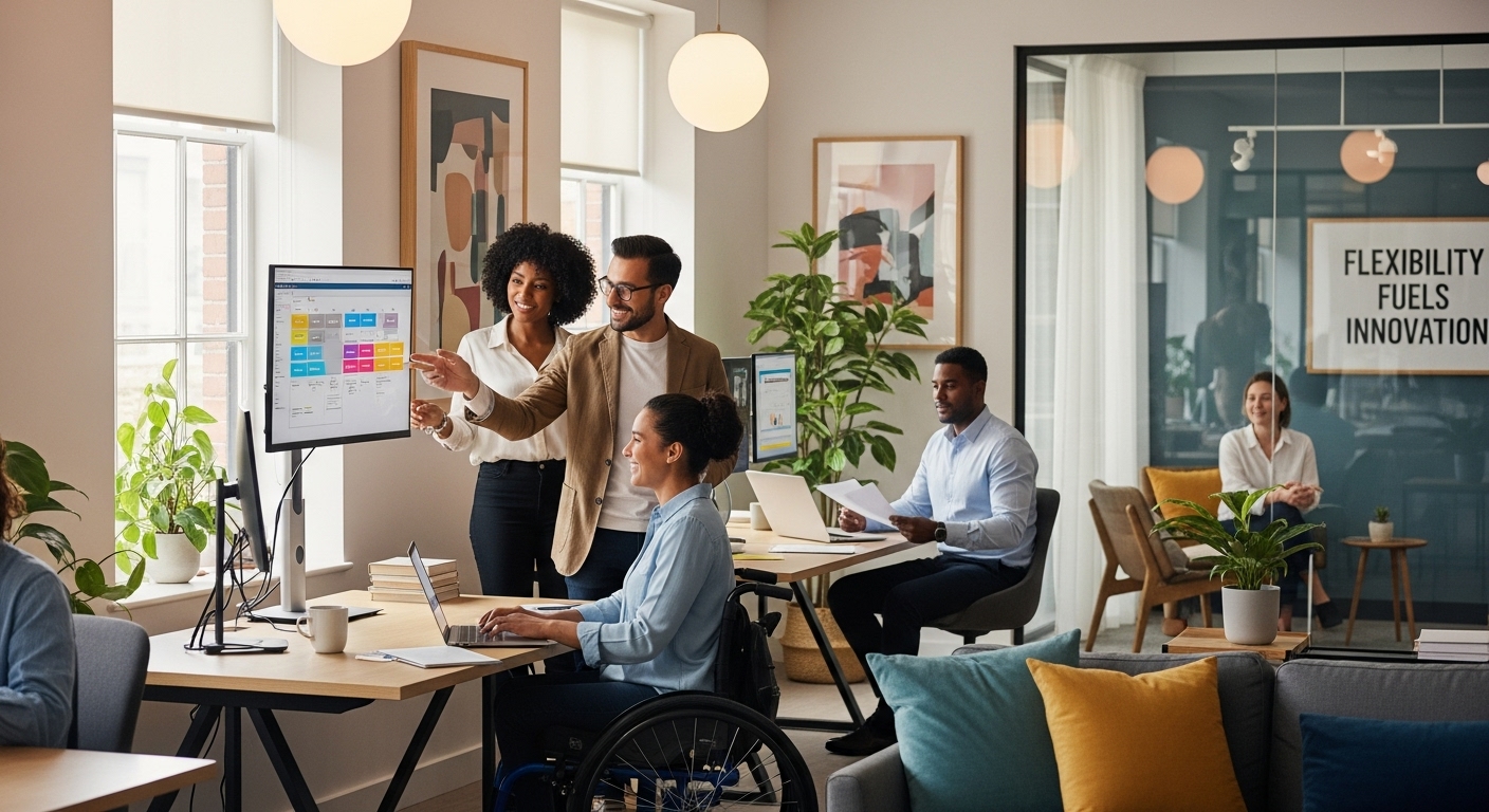 금융권 직원들이 현대적인 사무실에서 효율적으로 협업하며 일하는 모습.