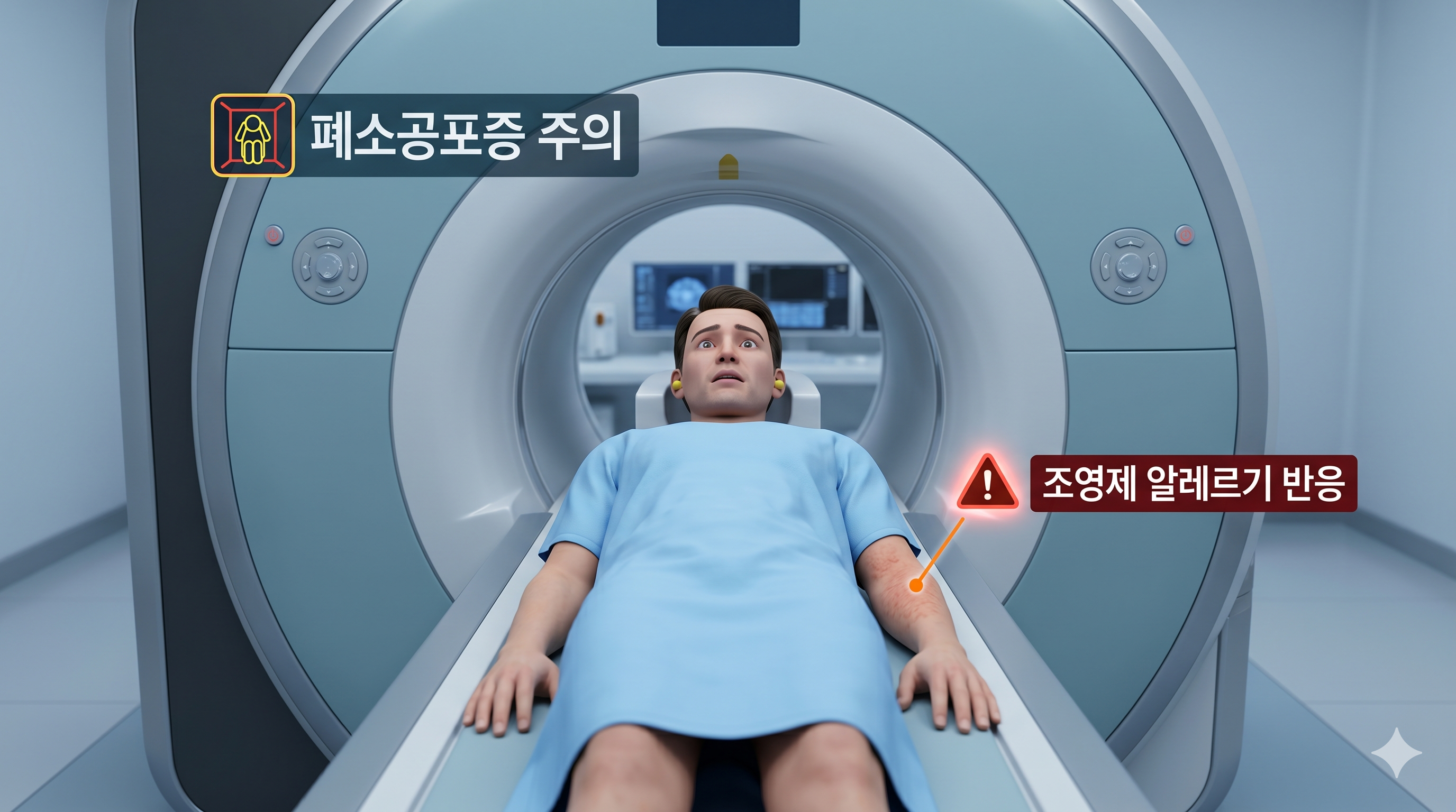 원통형 MRI 기계 안에서 환자가 느끼는 답답함(폐소공포증)과, 혈관을 뚜렷하게 보기 위해 투여하는 조영제로 인해 팔에 두드러기가 나거나 가려움을 느끼는 부작용 주의사항 시뮬레이션