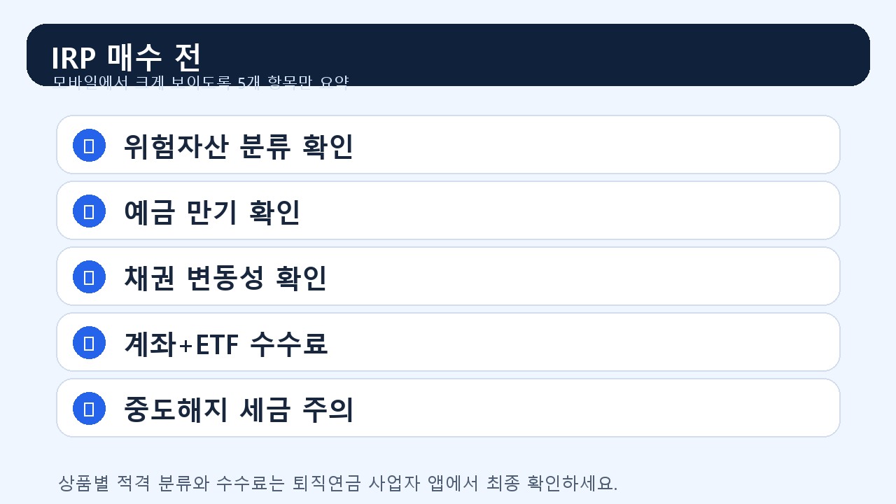IRP 안전자산 30% 체크리스트 이미지: 분류 수수료 만기 세금 확인