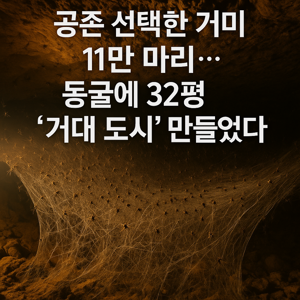 “유황 동굴 천장에 펼쳐진 대규모 거미줄과 그 위에 서식 중인 수많은 거미 무리”