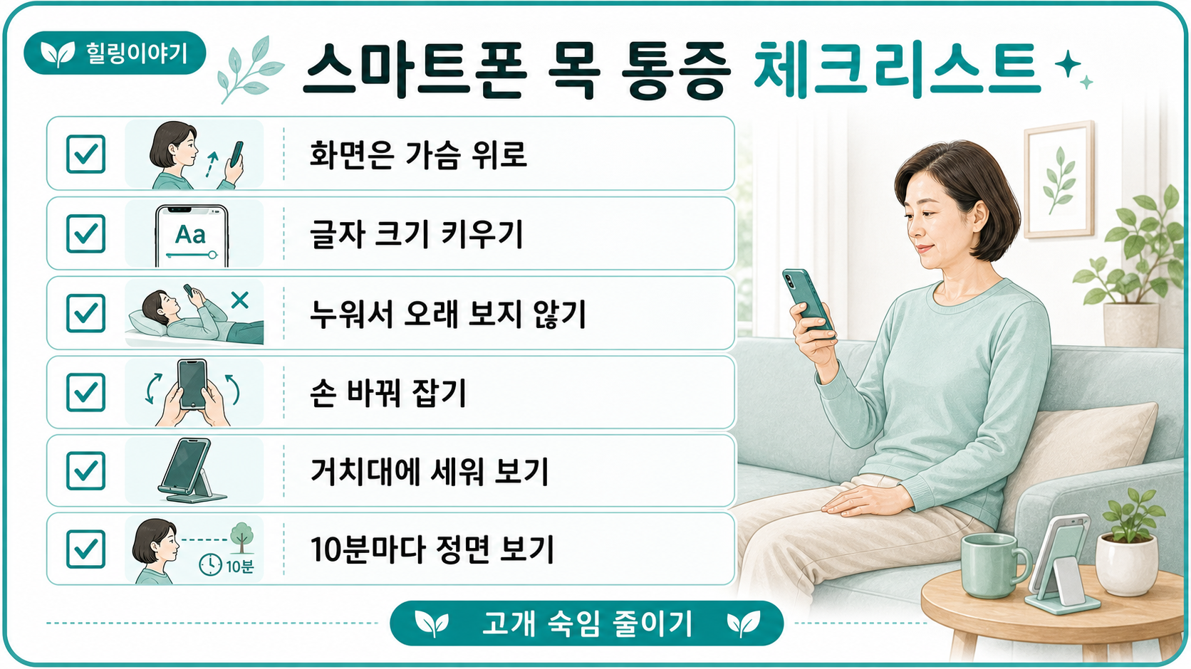스마트폰 볼 때 목이 아픈 이유를 줄이는 고개 숙임 습관 체크리스트 카드