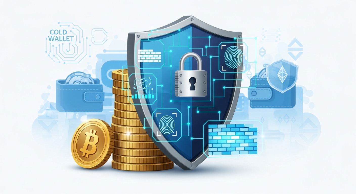 디지털 보호막과 자물쇠, 지문 인식 등 강력한 보안 시스템이 암호화폐 자산을 안전하게 지키는 모습을 표현한 이미지.
