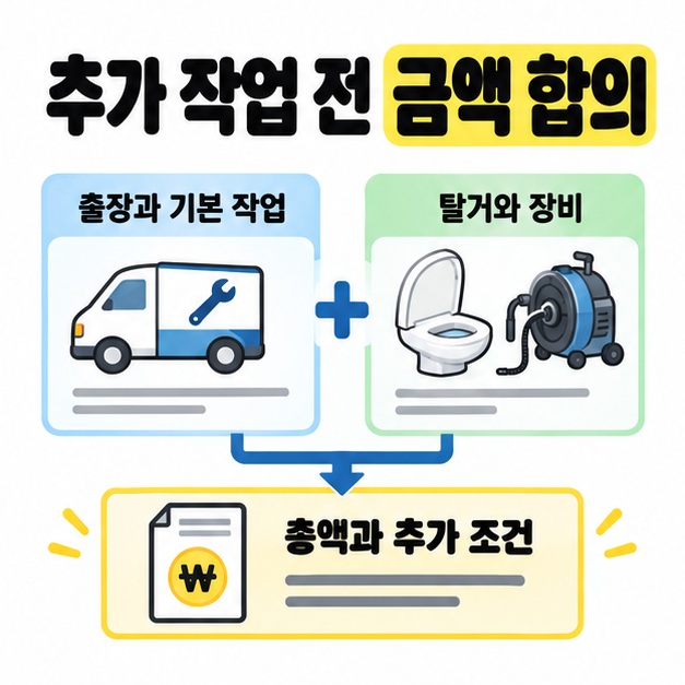 출장과 기본 작업 비용, 탈거와 장비 비용을 더해 총액과 추가 조건을 합의하는 관계를 보여준 도식.