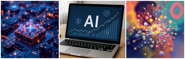 디지털 반도체 칩 위에서 작동하는 AI 알고리즘 시각화, AI 경제 분석 화면이 표시된 노트북, 신경망과 추론 과정을 나타내는 다채로운 AI 시각화