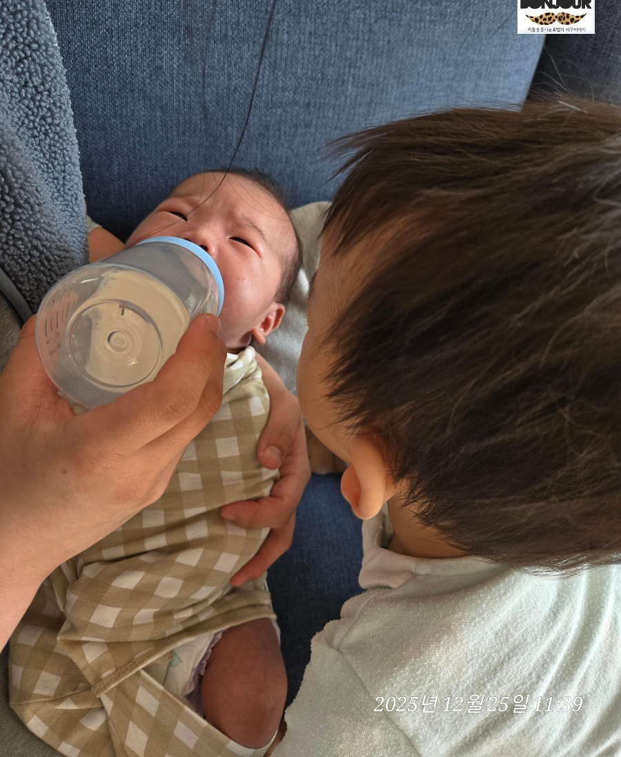 신생아에게 분유를 먹이는 엄마의 모습과 그를 바라보는 첫째