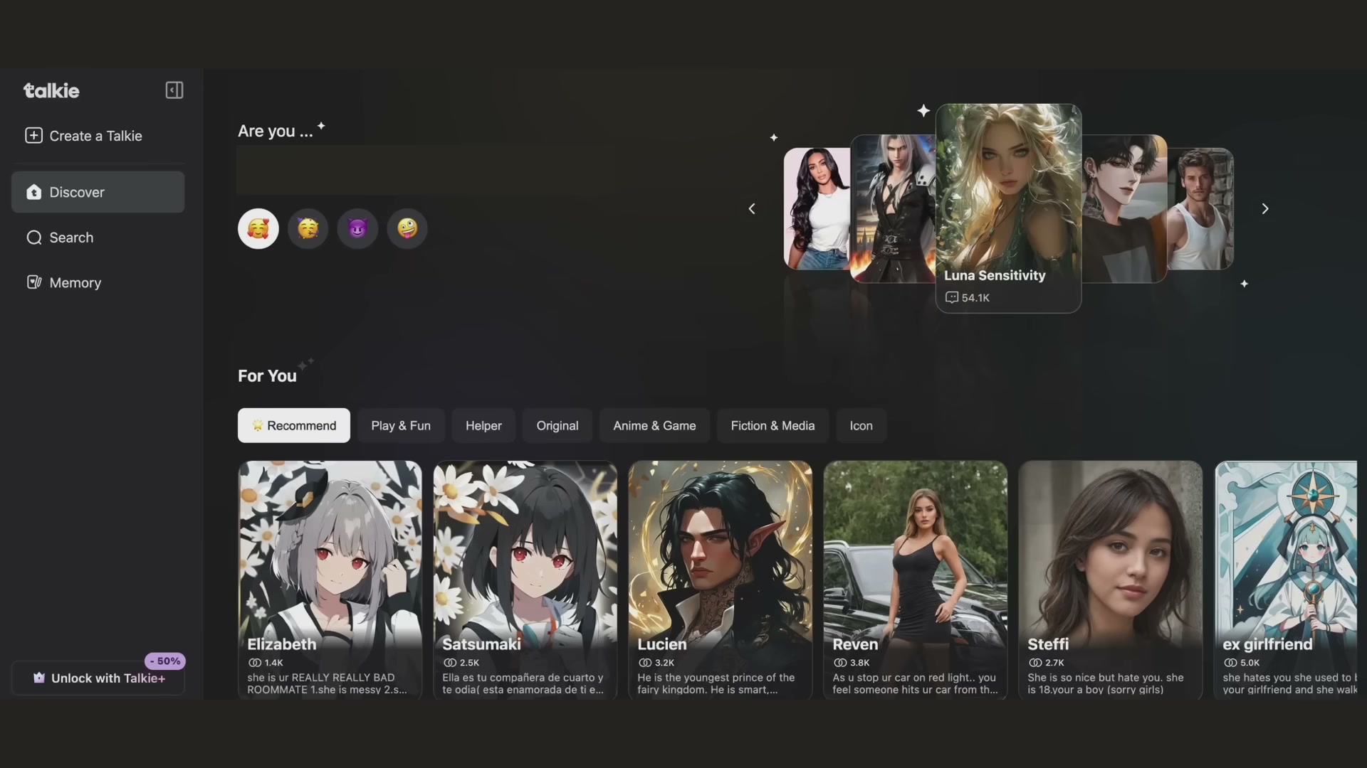 AI 캐릭터 챗봇 앱 Talkie의 인터페이스. Discover와 For You 탭에 Luna Sensitivity Elizabeth Satsumaki Lucien 등 다양한 가상 캐릭터들이 나열되어 있다.