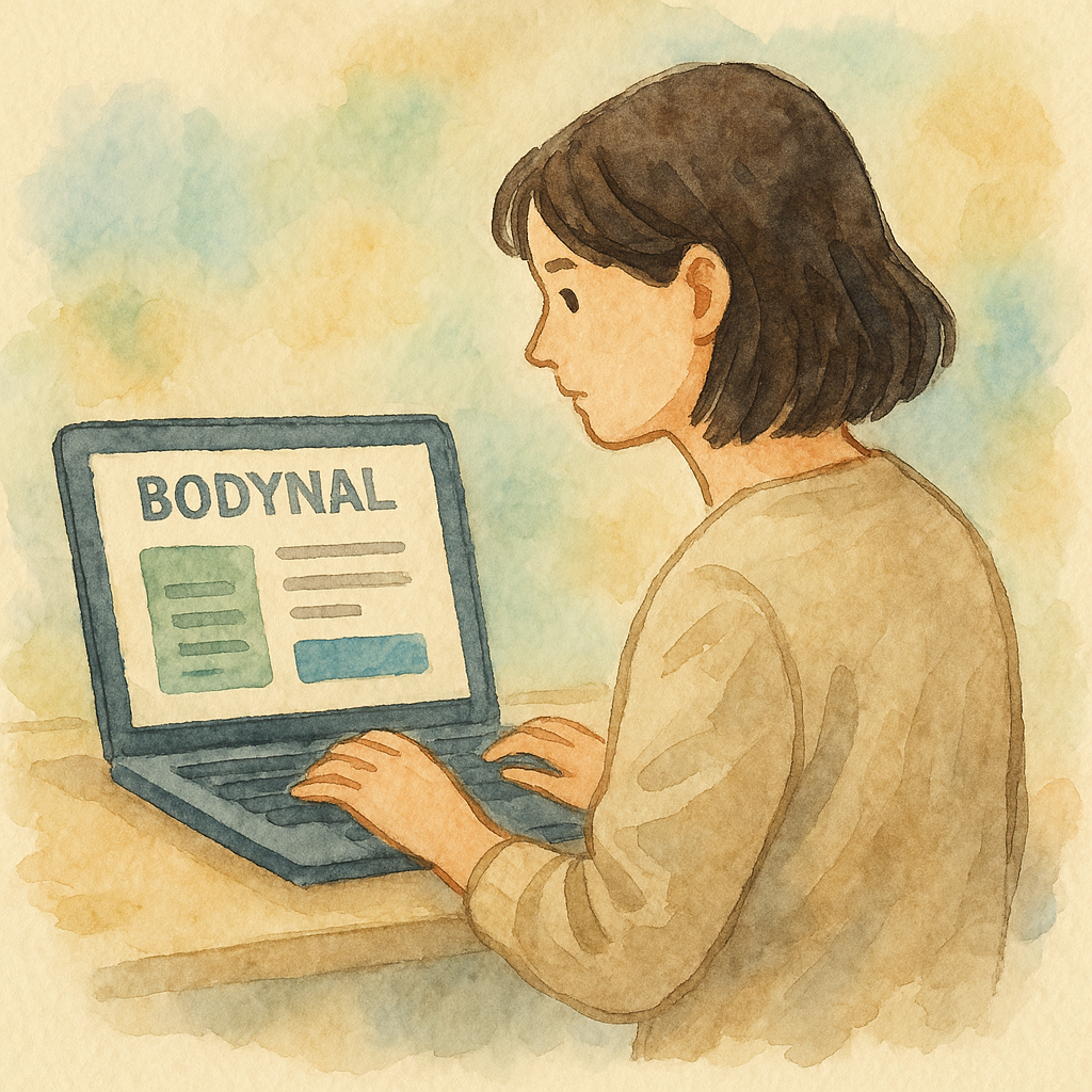 노트북 앞에서 Bodynal 블로그에 글을 쓰는 나