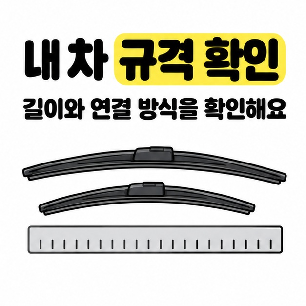 내 차 규격 확인을 강조한 길이가 다른 와이퍼 두 개와 자 그림