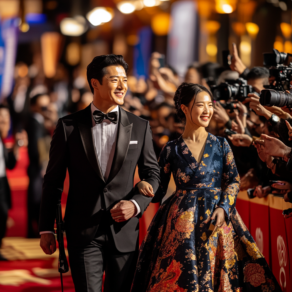 한국인 남녀 배우가 함께 손을 잡고 영화 시상식 레드카펫위를 수많은 기자들 사이를 통과하며 웃고 있는 이미지