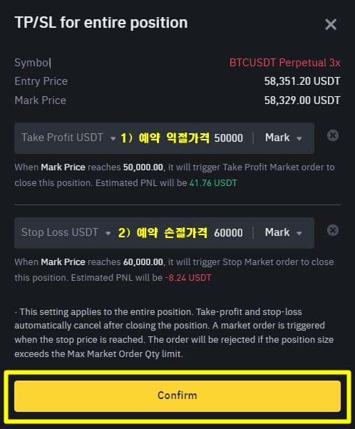 TL와 SL을 설정할수 있는 창을 나타내고 있다.